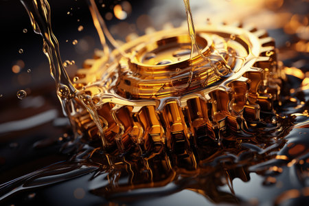 Motor oil in the mechanism of a car engine: care for durability and efficiency. car engine with lubricant oil on repairing. Concept of lubricated motor oil.の素材