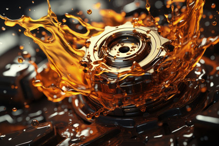 Motor oil in the mechanism of a car engine: care for durability and efficiency. car engine with lubricant oil on repairing. Concept of lubricated motor oil.の素材