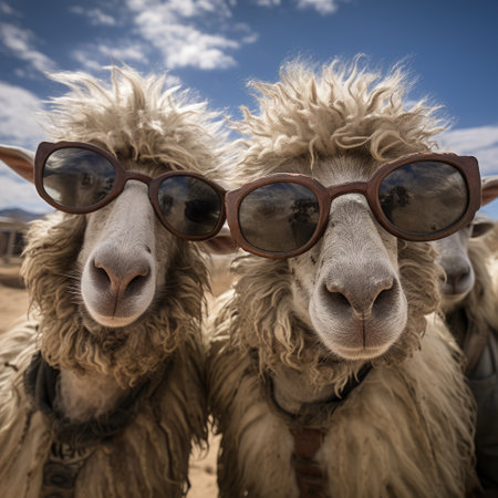 sheep portrait with sunglasses, Funny animals in a group together looking at the camera, wearing clothes, having fun together, taking a selfie, An unusual moment full of fun fashion consciousnessの素材