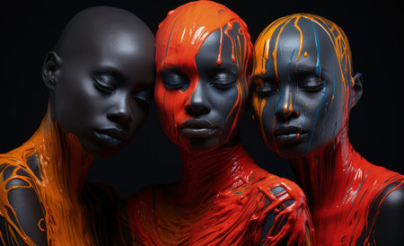 Vibrant image, few women artfully pose, their bodies immersed in vivid paint, creating a living canvas of expressive and colorful artistic beauty embodying an expressive and dynamic visual spectacleの素材