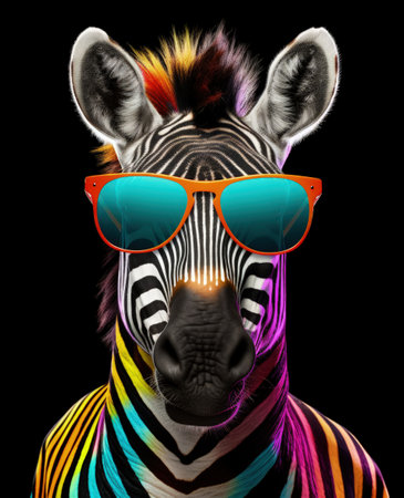 zebra portrait with sunglasses, Funny animals in a group together looking at the camera, wearing clothes, having fun together, taking a selfie, An unusual moment full of fun and fashion consciousnessの素材