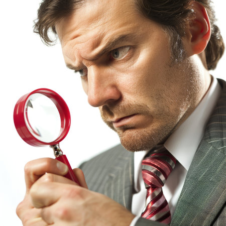The concept of looking through a magnified glass, searching for relevant information, exploring unknowns in depth, exploring obscurities and mysteries, searching for hidden knowledge and truthsの素材