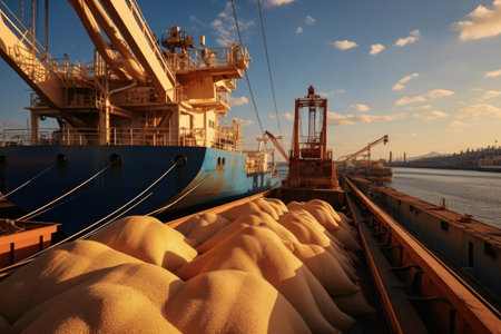 Navigating the global markets with wheat export, grains traverse borders, international trade and sustenance, global journey, international trade and food security.の素材