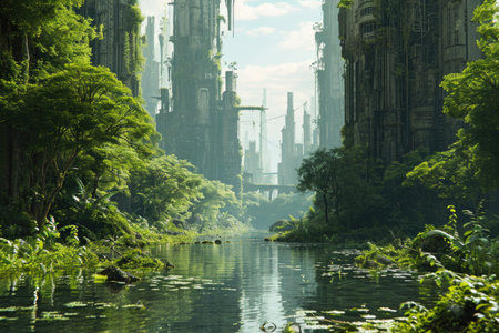 A city in the future covered in greenery, forest and trees filled the Megopolis , Abandoned , Empty streets, overgrown, alternativeの素材