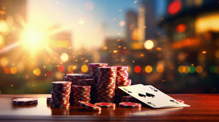Exciting poker games at an online casino, cards, and chips on the table, gambling experience, winning hands and betsの素材