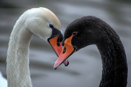 Serene embrace: two swans in love, a graceful display of adoration and unity in the swanst's affectionate bond, a symbol of tranquility and everlasting companionship in the natural worldの素材