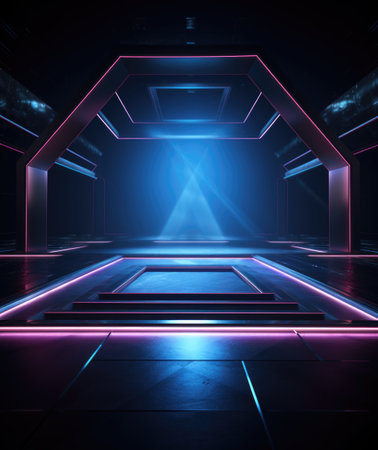 Electrifying stage: mesmerizing scenes LED panels, holographic displays, laser lights, ample copy space, dynamic banners, creating visual symphony for immersive events and cutting-edge presentationsの素材