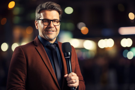 A journalist with a microphone, exploring stories, conducting interviews, and amplifying diverse perspectives through the power of audio storytelling in the dynamic world of mediaの素材