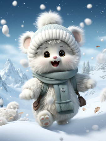White cartoon bear with cuddly demeanor wears cozy scarf and mittens, exuding warmth. Playful and adorable, bear embodies charm of winter with touch of festive magic, heartwarming in snowy wonderlandの素材