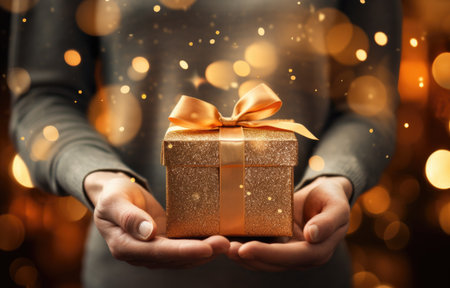A man holds a packed gift in his hands for his favorite woman.の素材
