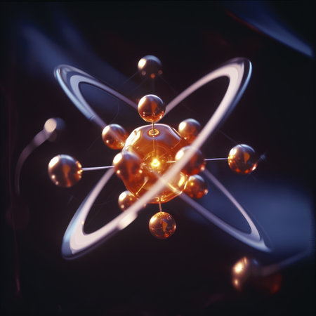 Atomic dance: subatomic realm, electrons, neutrons, and protons orbit a fixed nucleus in a model empty space within atoms, showcasing set, predictable paths in the intricate world of particle physics.の素材