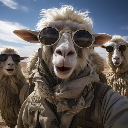 sheep portrait with sunglasses, Funny animals in a group together looking at the camera, wearing clothes, having fun together, taking a selfie, An unusual moment full of fun fashion consciousnessの素材