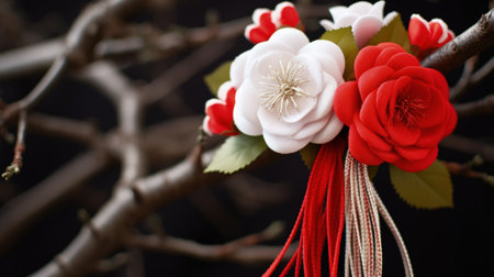 Celebrating spring cheer: the joyous tradition of happy martisor, a Romanian cultural festivity marked by red and white talismans, symbolizing luck, optimism, and festive celebration on March 1st.の素材