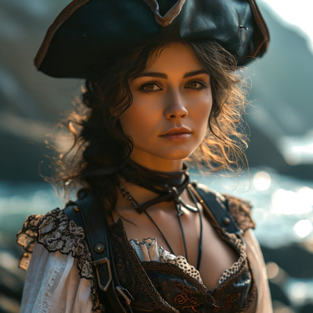 Adventurous spirit: a female pirate of the Caribbean dons corsair clothing, sailing the high seas with swashbuckling style and a rebellious flair for maritime plunder and daring escapadesの素材