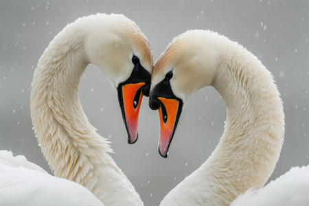 Serene embrace: two swans in love, a graceful display of adoration and unity in the swanst's affectionate bond, a symbol of tranquility and everlasting companionship in the natural worldの素材