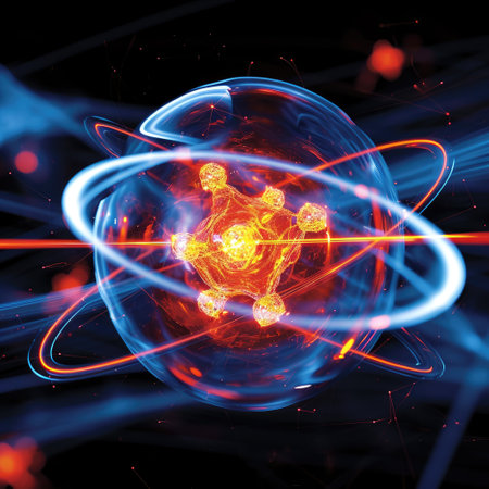 Atomic dance: subatomic realm, electrons, neutrons, and protons orbit a fixed nucleus in a model empty space within atoms, showcasing set, predictable paths in the intricate world of particle physics.の素材