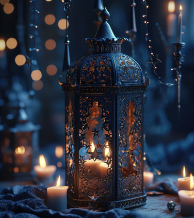 In this evocative image, a radiant Ramadan lantern illuminates the surroundings, symbolizing the holy month's spiritual warmth, cultural richness, and festive joy.の素材