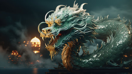 In a joyous celebration of Happy Chinese New Year, a vibrant Green Dragon dances through festive streets, symbolizing prosperity, good luck, lively spirit of traditional Lunar New Year festivitiesの素材