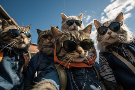 cats portrait with sunglasses, Funny animals in a group together looking at the camera, wearing clothes, having fun together, taking a selfie, An unusual moment full of fun and fashion consciousnessの素材
