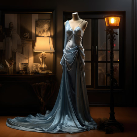 Elegance unveiled: a captivating display of a beautiful, luxurious evening gown gracefully adorning a mannequin, epitomizing timeless style and opulence for a glamorous and chic affair.の素材