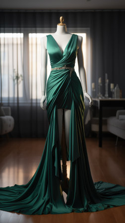 Elegance unveiled: a captivating display of a beautiful, luxurious evening gown gracefully adorning a mannequin, epitomizing timeless style and opulence for a glamorous and chic affair.の素材