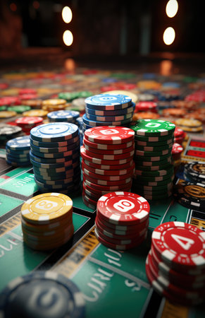 The concept of games of chance. Online casino gaming: roulette, cards, betting, chips, dice a world of chance and excitement, endless gaming possibilities and the allure of virtual fortunesの素材