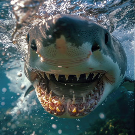 Menacing beauty: underwater world with the shark predator, a captivating glimpse into the fierce, powerful, and mysterious realm of marine life, where danger and elegance coexist.の素材