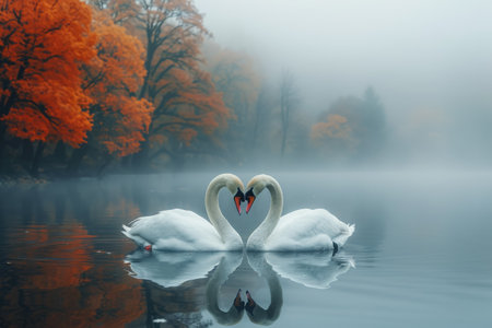 Serene embrace: two swans in love, a graceful display of adoration and unity in the swanst's affectionate bond, a symbol of tranquility and everlasting companionship in the natural worldの素材