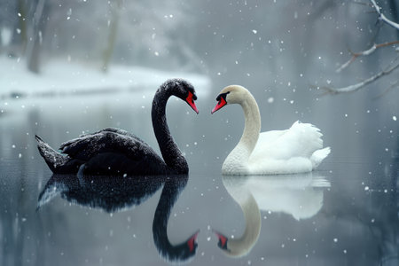 Serene embrace: two swans in love, a graceful display of adoration and unity in the swanst's affectionate bond, a symbol of tranquility and everlasting companionship in the natural worldの素材
