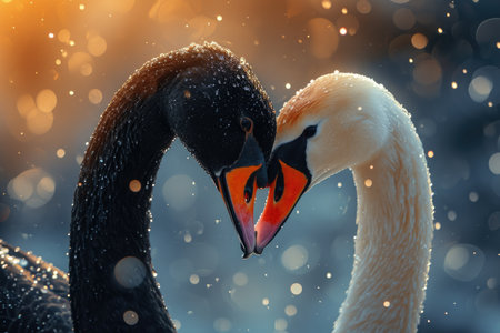 Serene embrace: two swans in love, a graceful display of adoration and unity in the swanst's affectionate bond, a symbol of tranquility and everlasting companionship in the natural worldの素材