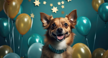In this delightful image, a dog dons a party hat, creating a playful atmosphere as it extends a heartwarming birthday greeting, exuding charm and celebration in every wag and barkの素材