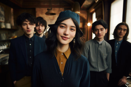 Global smiles: capturing joy in group selfies of cheerful and happy young people diverse nationalities, celebrating unity, friendship, cultural harmony in shared moments of happiness and togethernessの素材