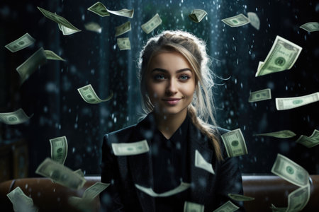 Wealthy shower: joyous cascade of money onto a blissful individual, embodying the triumphant concept of winning and amassing substantial wealth, a financial downpour symbolizing success and abundanceの素材