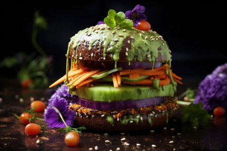Wholesome indulgence: a plant-powered delight with the veggie burger, a delectable meatless creation offering health-conscious, flavorful bites in a sustainable and delicious diningの素材