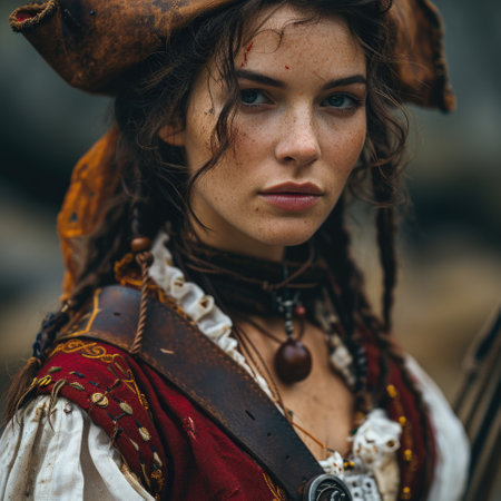 Adventurous spirit: a female pirate of the Caribbean dons corsair clothing, sailing the high seas with swashbuckling style and a rebellious flair for maritime plunder and daring escapadesの素材
