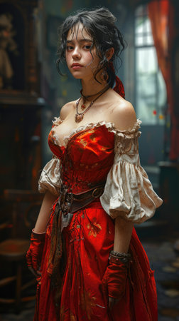 Captivating elegance: a Latina woman adorned in authentic mid-century and Victorian era dress, weaving a cultural tapestry of style that transcends time, embracing heritage and timeless fashionの素材