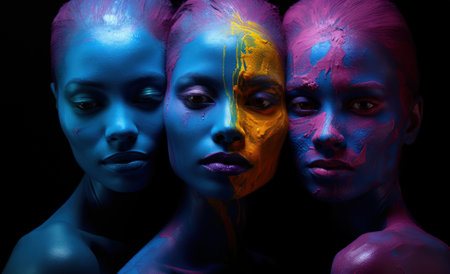Vibrant image, few women artfully pose, their bodies immersed in vivid paint, creating a living canvas of expressive and colorful artistic beauty embodying an expressive and dynamic visual spectacleの素材