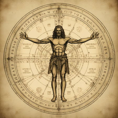 Unveiling perfection: timeless allure of vitruvian man, Leonardo da Vinci's iconic representation of human proportions, symmetry, harmonious intersection of art and science in renaissance brillianceの素材