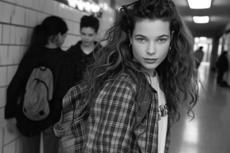 Nostalgic school days: a vibrant glimpse into the 1990s with schoolchildren and teenagers, capturing the essence of youth culture, education, friendships, and iconic fashion.の素材