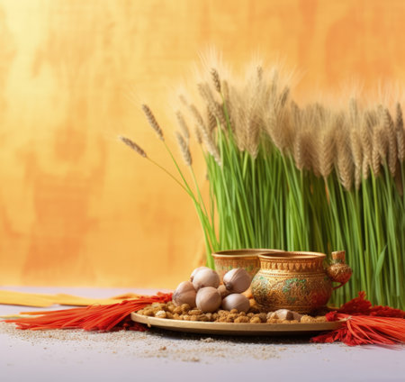 Celebrating renewal with sprouted wheat grass: happy nowruz, a festive homage to nature's rebirth, cultural traditions, and the joyous spirit of Persian new year, embracing health and vitalityの素材