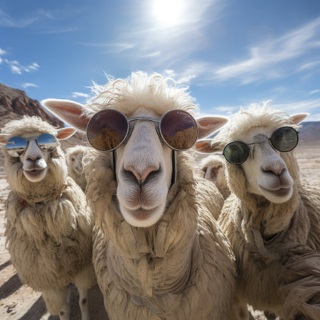 sheep portrait with sunglasses, Funny animals in a group together looking at the camera, wearing clothes, having fun together, taking a selfie, An unusual moment full of fun fashion consciousnessの素材