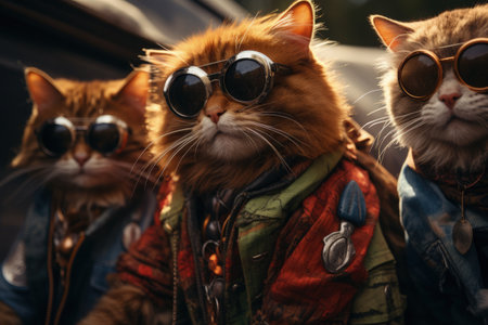 cats portrait with sunglasses, Funny animals in a group together looking at the camera, wearing clothes, having fun together, taking a selfie, An unusual moment full of fun and fashion consciousnessの素材