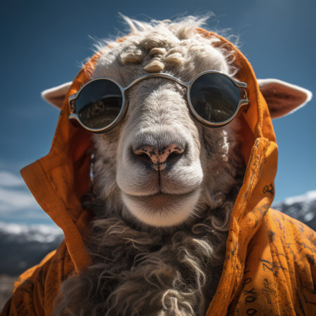 sheep portrait with sunglasses, Funny animals in a group together looking at the camera, wearing clothes, having fun together, taking a selfie, An unusual moment full of fun fashion consciousnessの素材