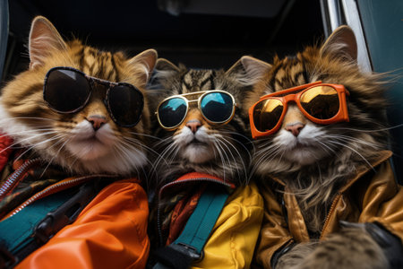 cats portrait with sunglasses, Funny animals in a group together looking at the camera, wearing clothes, having fun together, taking a selfie, An unusual moment full of fun and fashion consciousnessの素材