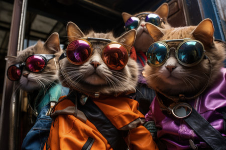 cats portrait with sunglasses, Funny animals in a group together looking at the camera, wearing clothes, having fun together, taking a selfie, An unusual moment full of fun and fashion consciousnessの素材