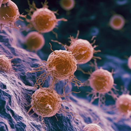 Cancer cells: a microscopic intricate world of cellular anomalies, a glimpse into the scientific realm of pathology, oncology, medical research unraveling complexities of this challenging health condition.の素材