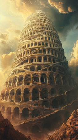 A monumental Tower of Babel pierces the sky, symbolizing human ambition, cultural diversity, unity and discord, human endeavor and divine intervention in this iconic biblical scene.の素材