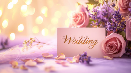 Romantic allure: captivating wedding invitation card adorned with text wedding, blending elegance and sentiment in beautiful design, perfect for announcing and inviting to joyous celebration of loveの素材
