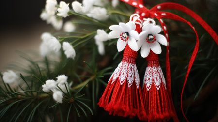 Celebrating spring cheer: the joyous tradition of happy martisor, a Romanian cultural festivity marked by red and white talismans, symbolizing luck, optimism, and festive celebration on March 1st.の素材