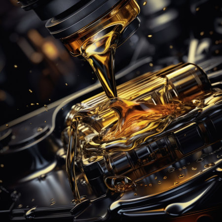 Motor oil in the mechanism of a car engine: care for durability and efficiency. car engine with lubricant oil on repairing. Concept of lubricated motor oil.の素材